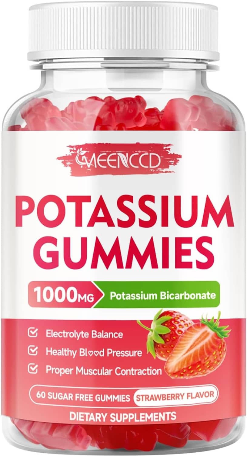 MEENCCD potassium gummies bottle label: strawberry flavor, 1000mg potassium bicarbonate