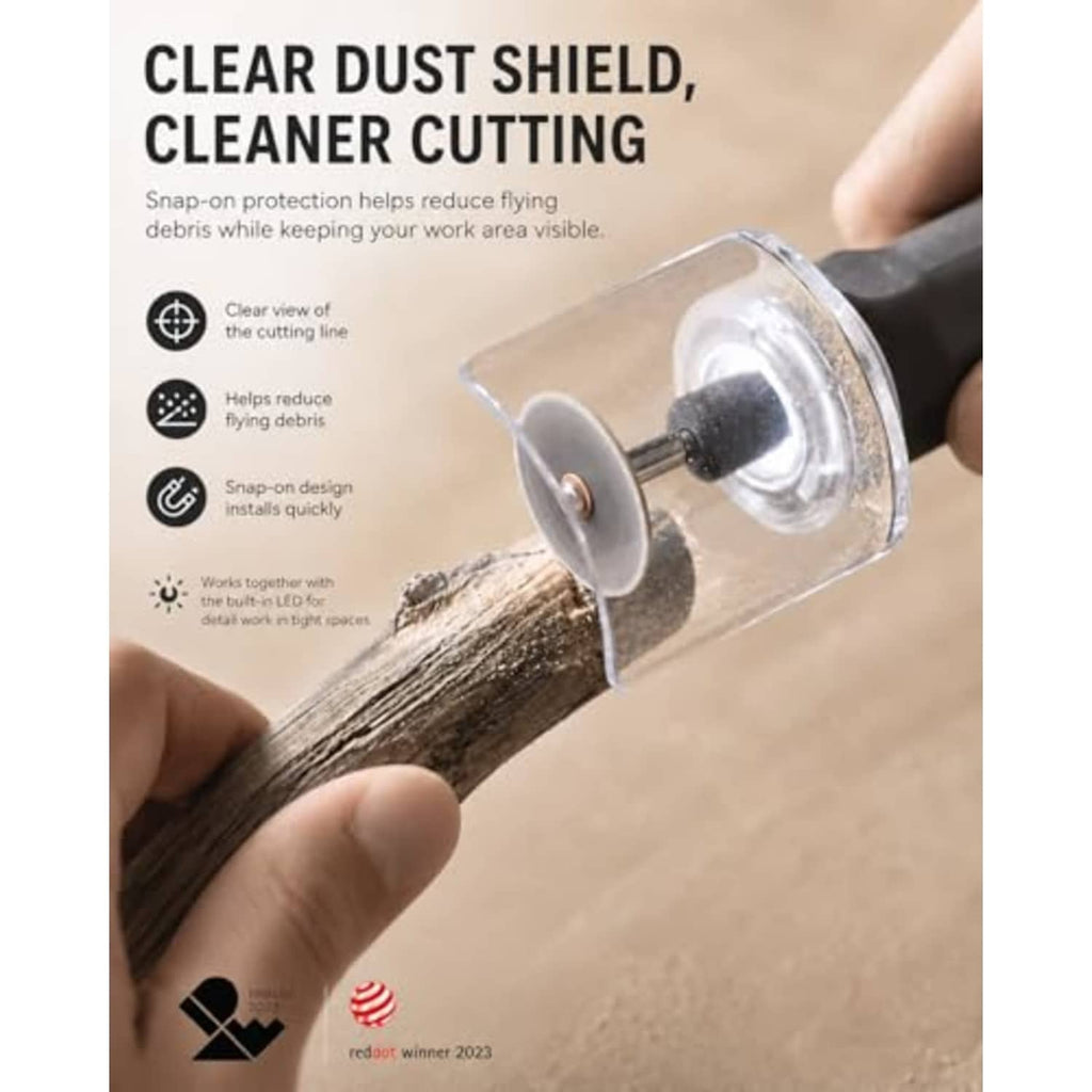 Cordless rotary tool with clear dust shield and sanding/cutting disc