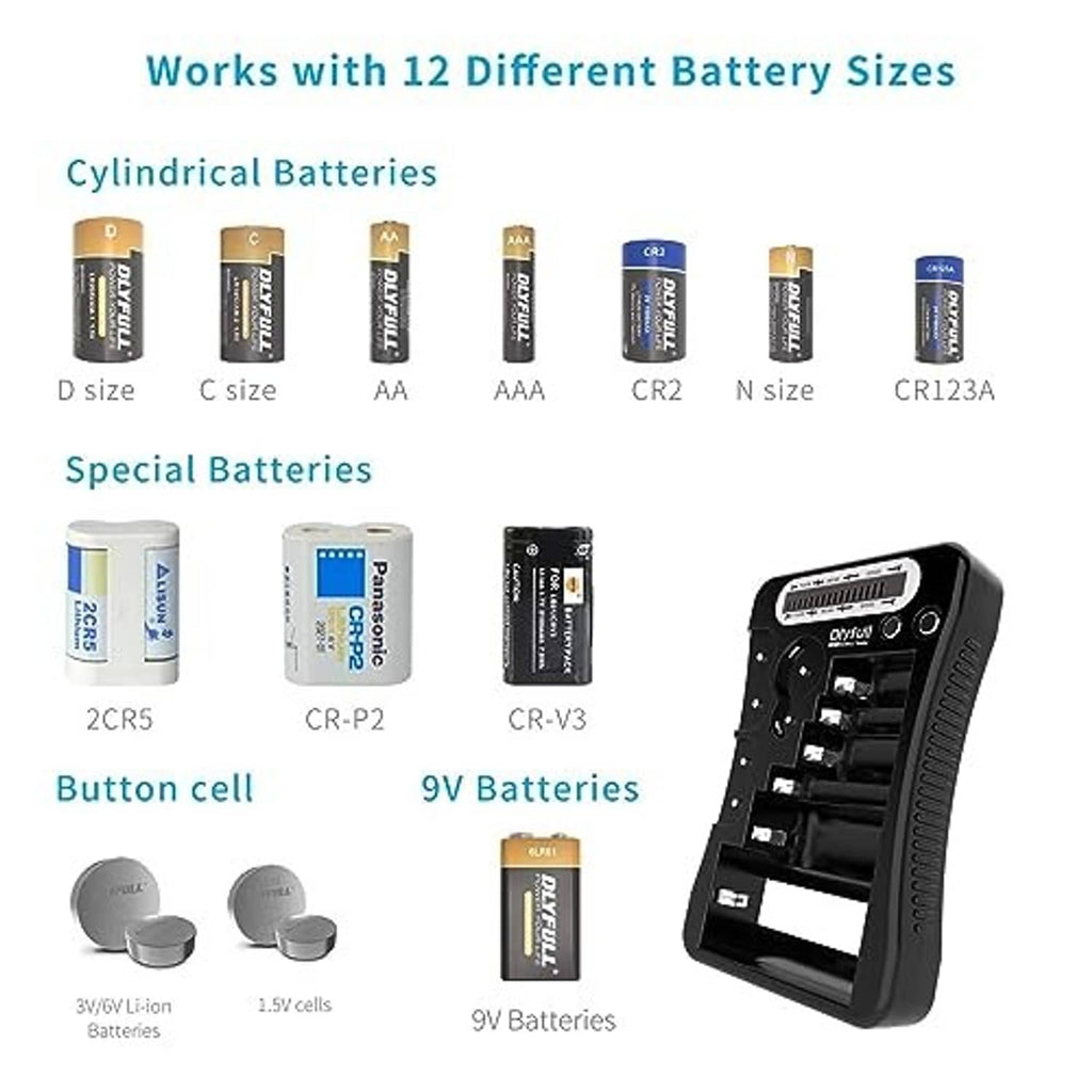 Battery tester compatibility layout showing AA, AAA, C, D, 9V, button, and CR batteries