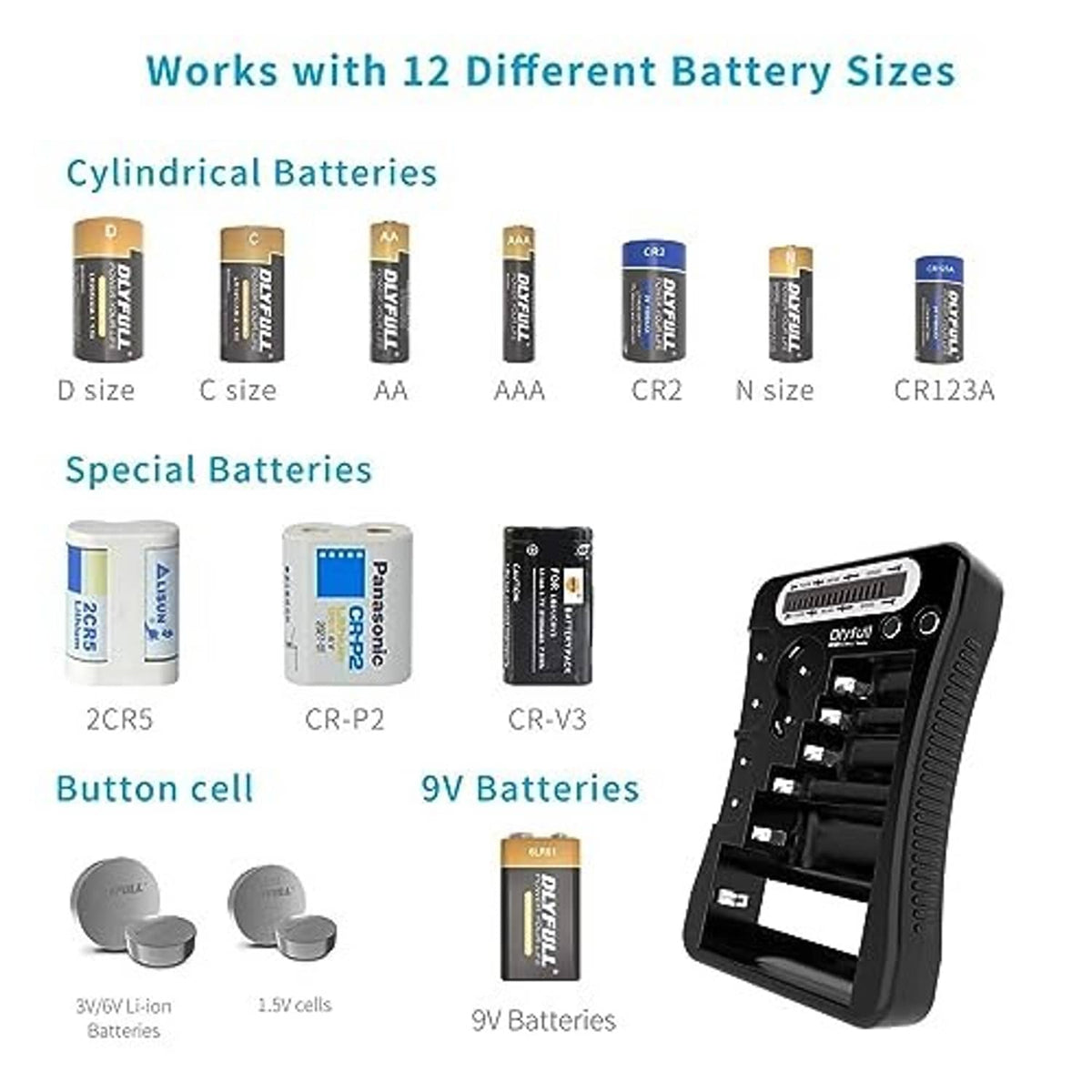 Battery tester compatibility layout showing AA, AAA, C, D, 9V, button, and CR batteries
