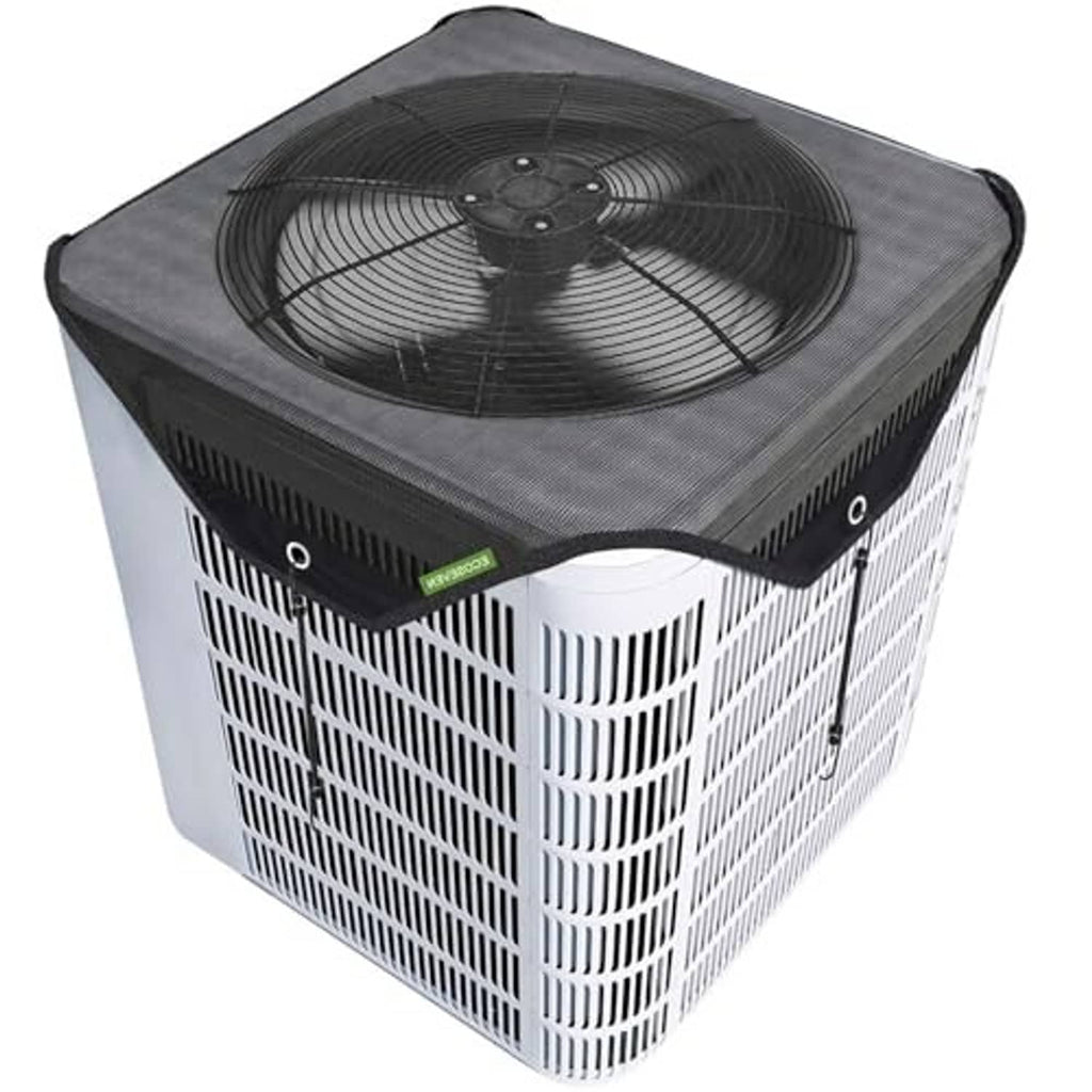 Black mesh AC unit cover fitted over a central air conditioner condenser