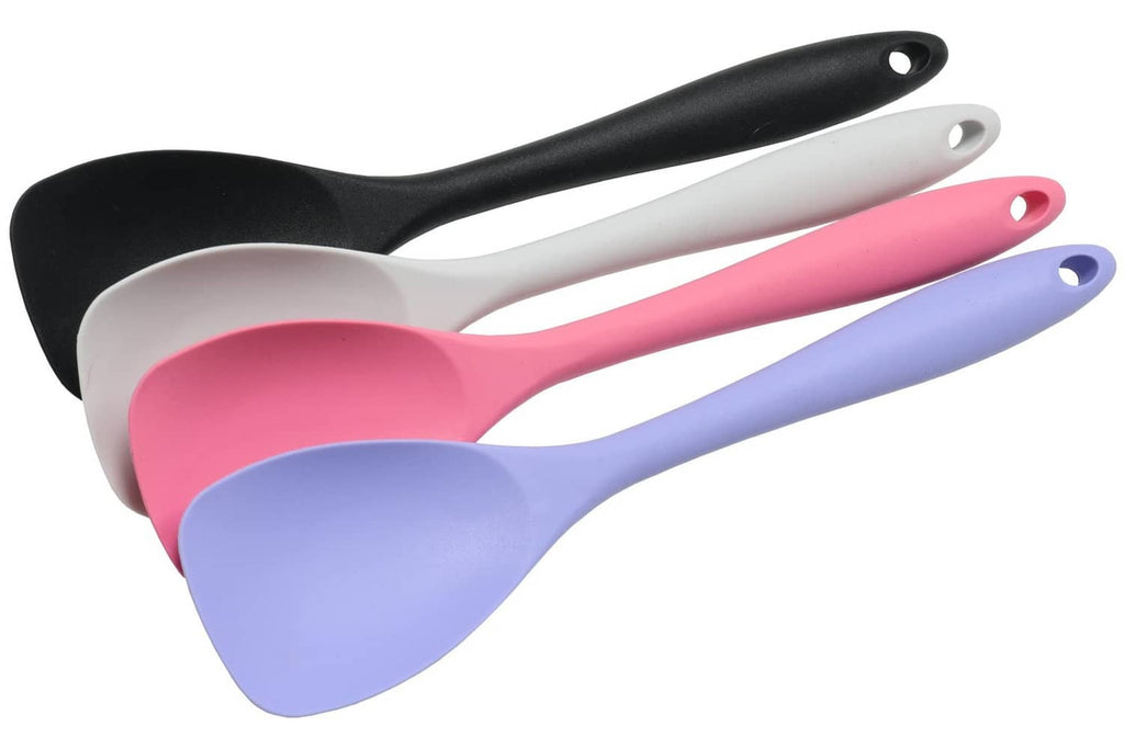 Set of silicone spoon spatulas: black, white, pink, and lavender with loops