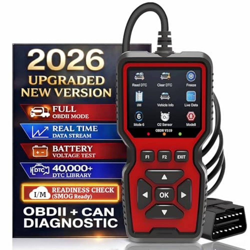 Red and black handheld OBD2 + CAN code reader with display screen and buttons