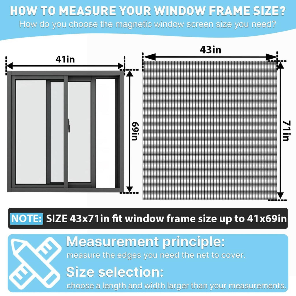Black framed magnetic window screen panel showing size measurements and mesh grid