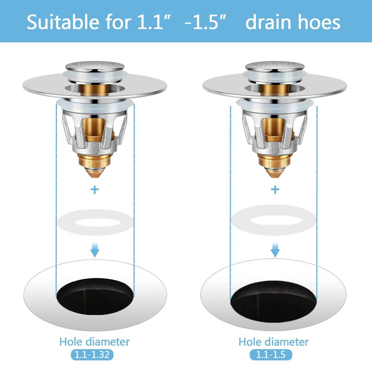 Chrome hair catcher sink stopper showing fit for different drain opening sizes