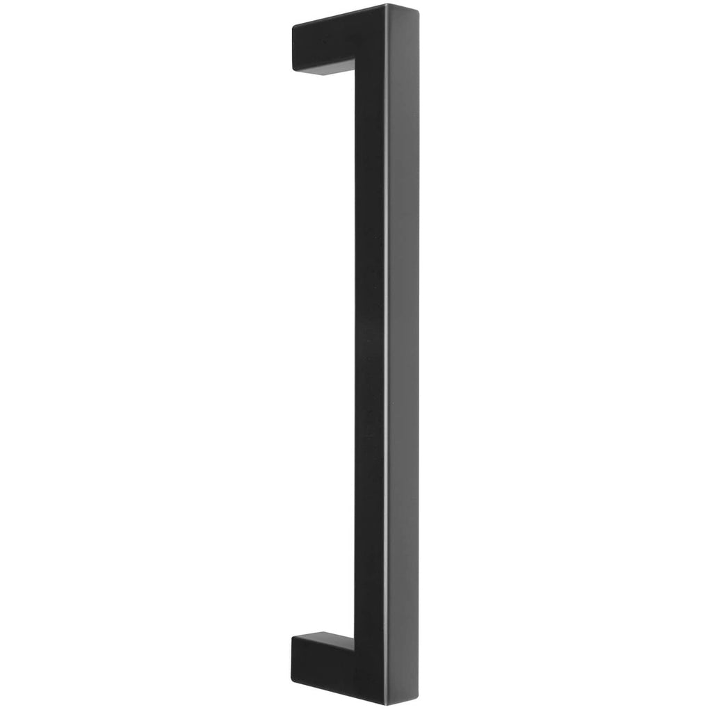 Square cabinet pull with dark metal bar and square mounting bases