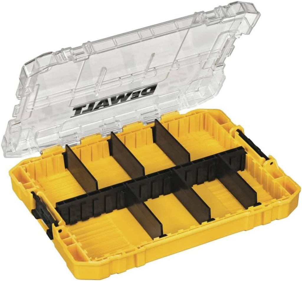 DEWALT medium organizer case open, yellow base with multiple black divider compartments