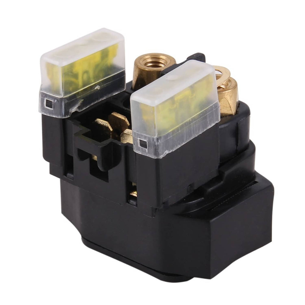 Starter solenoid relay with black casing and clear fuse covers over brass terminals