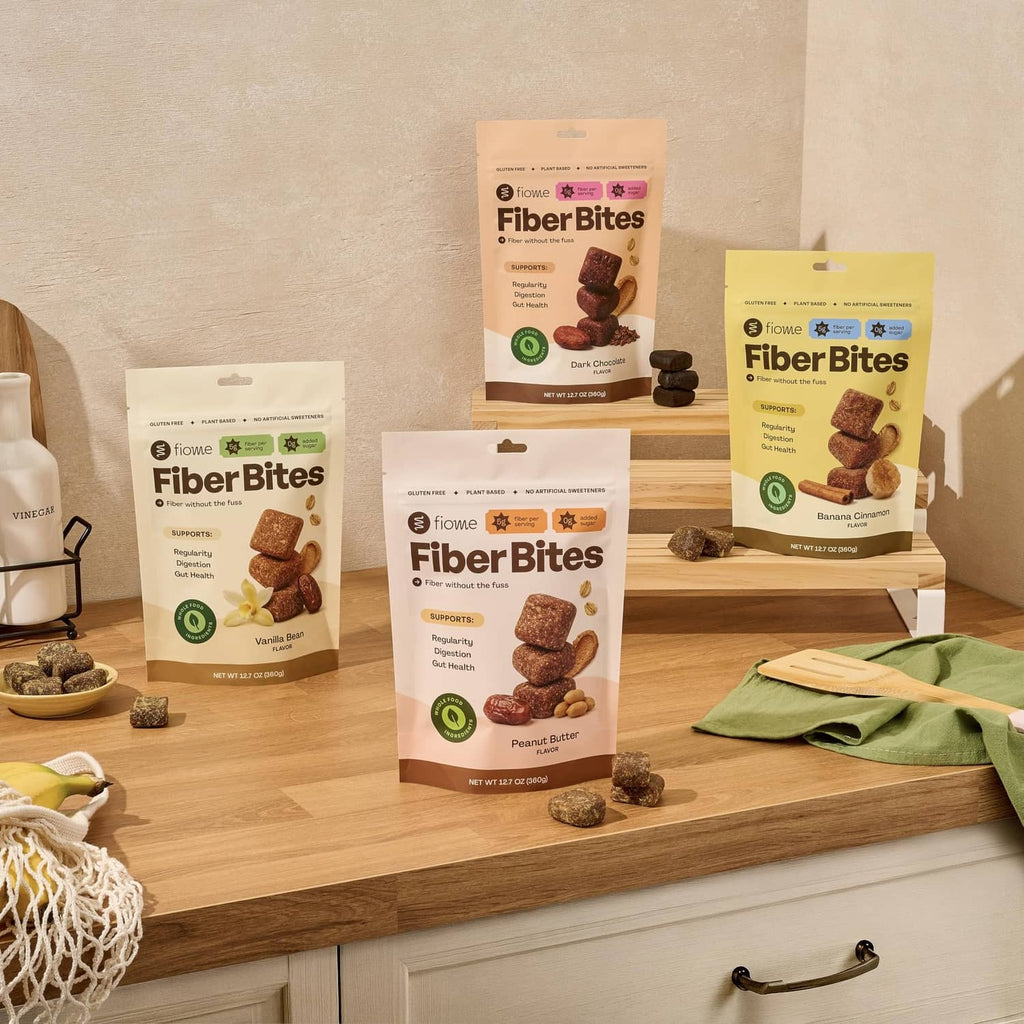 Assorted FiberBites supplement pouches with dark chocolate bite pieces