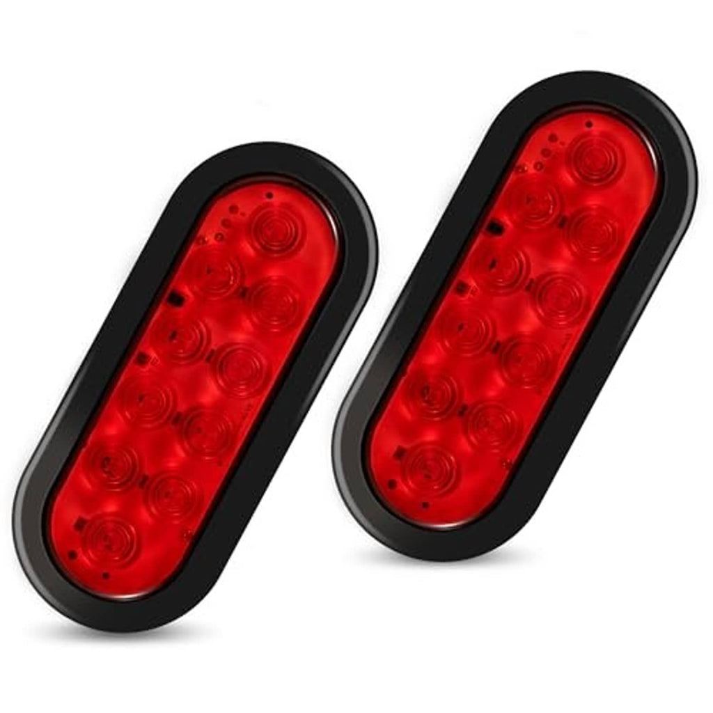 Two oval red LED trailer tail lights with black frames, sealed lens design