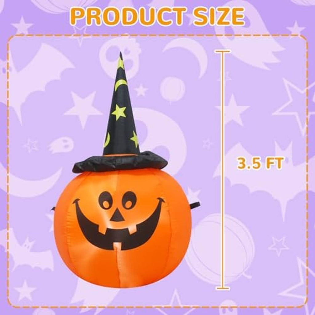 Inflatable 3.5 ft Halloween pumpkin with jack-o'-lantern face and black witch hat