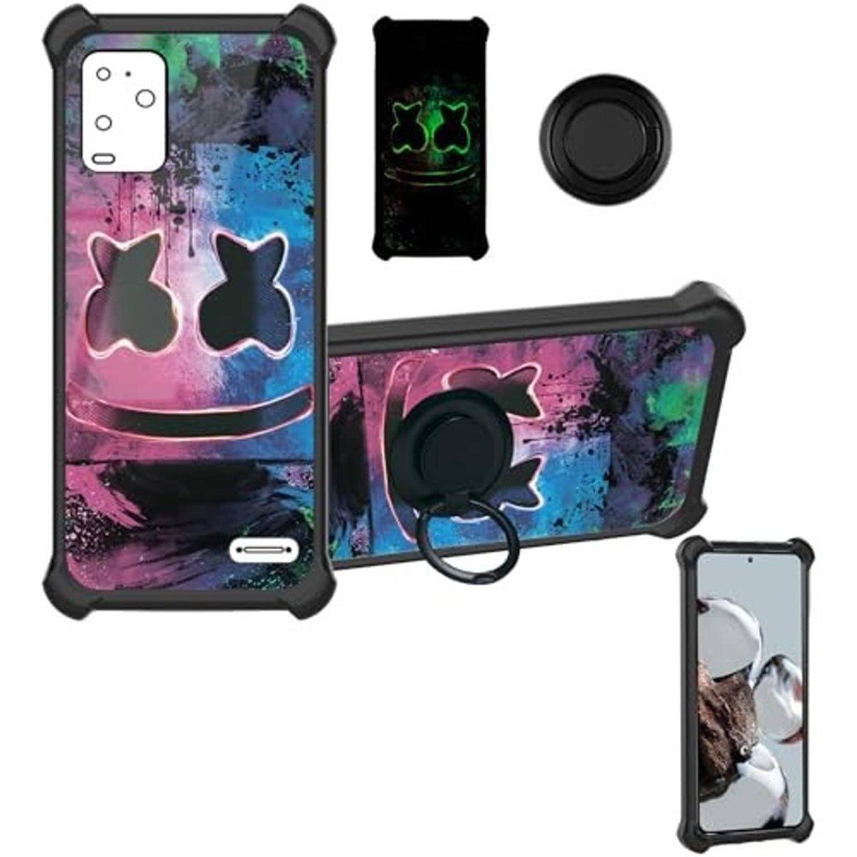 Rugged phone case with colorful abstract print, black edges, ring mount, and extra cover.