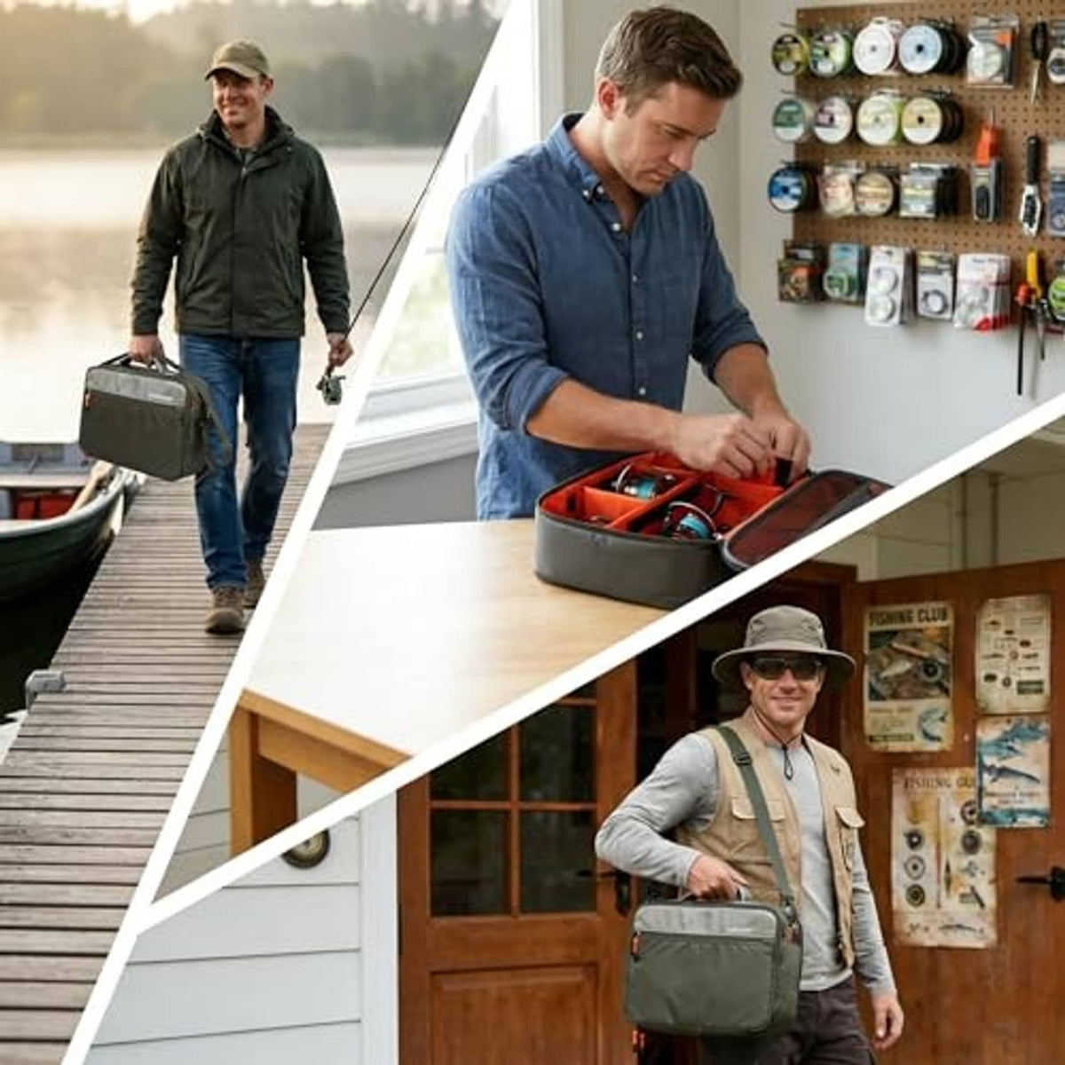 Olive green fishing reel travel case with orange interior compartments and zipper closure