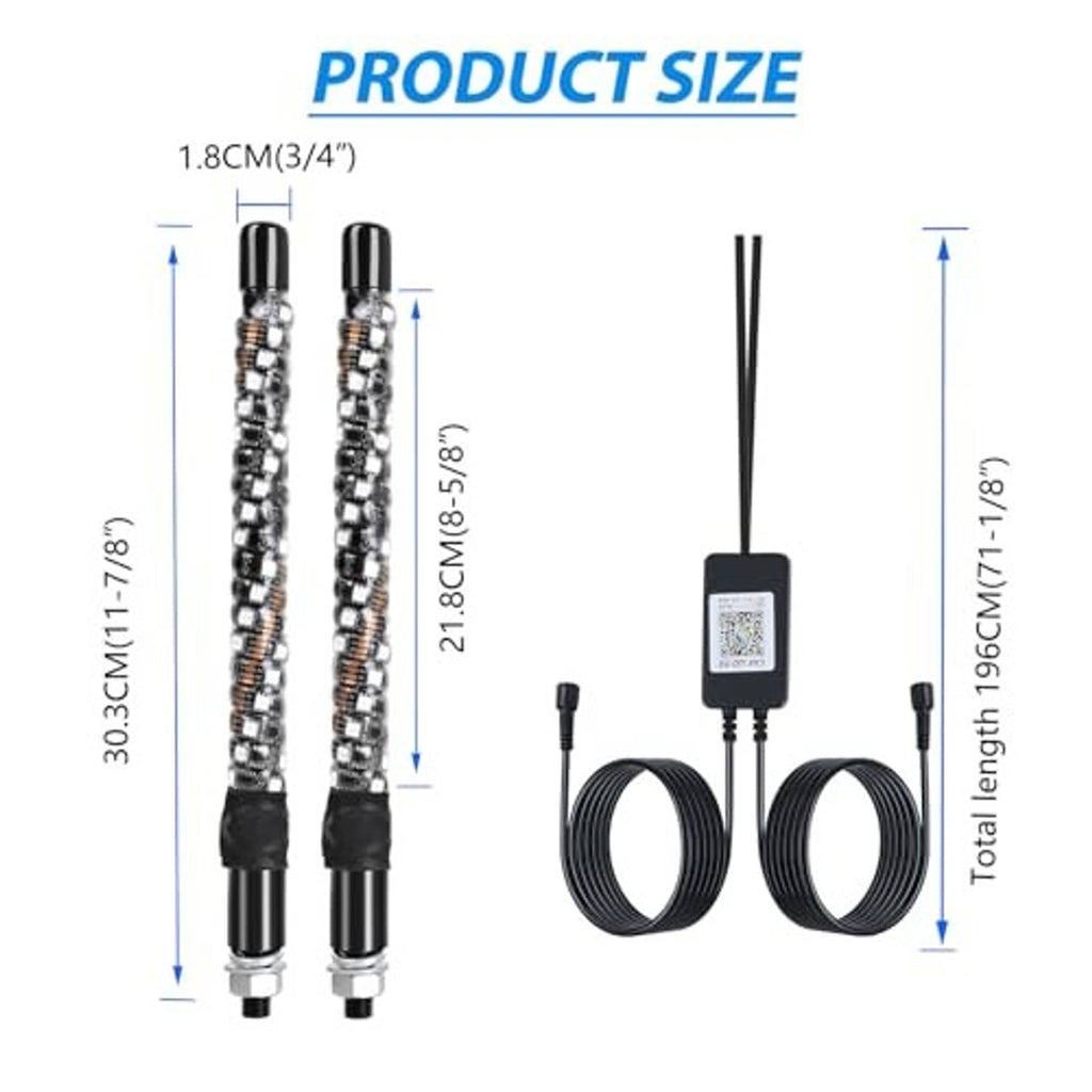 Two spiral whip lights with controller box and cable length set, size view