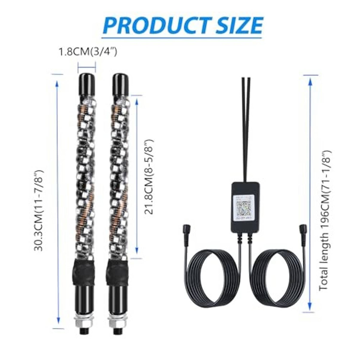 Two spiral whip lights with controller box and cable length set, size view