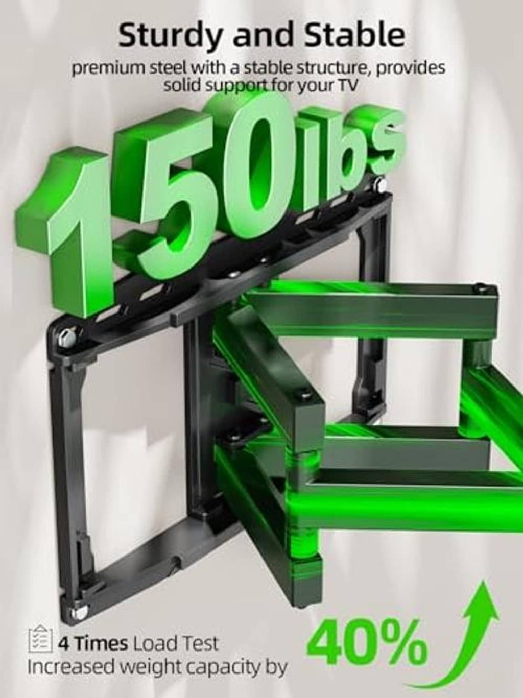 Heavy-duty steel full motion TV wall mount with stability and 150 lb rating
