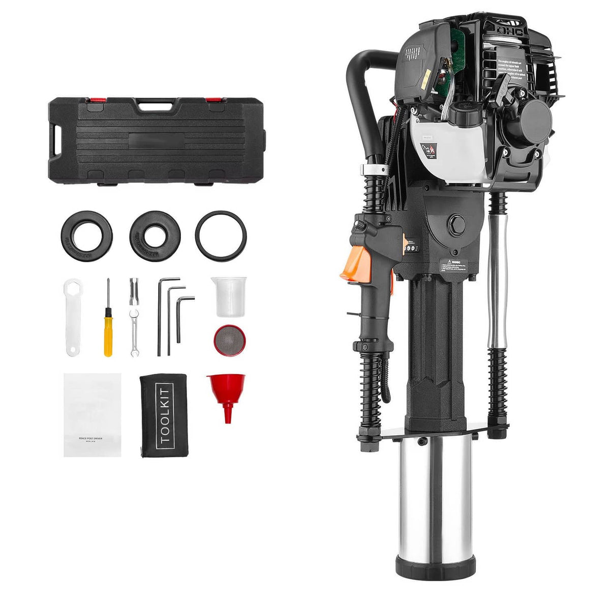 Gas T post driver with included accessory kit and tool parts