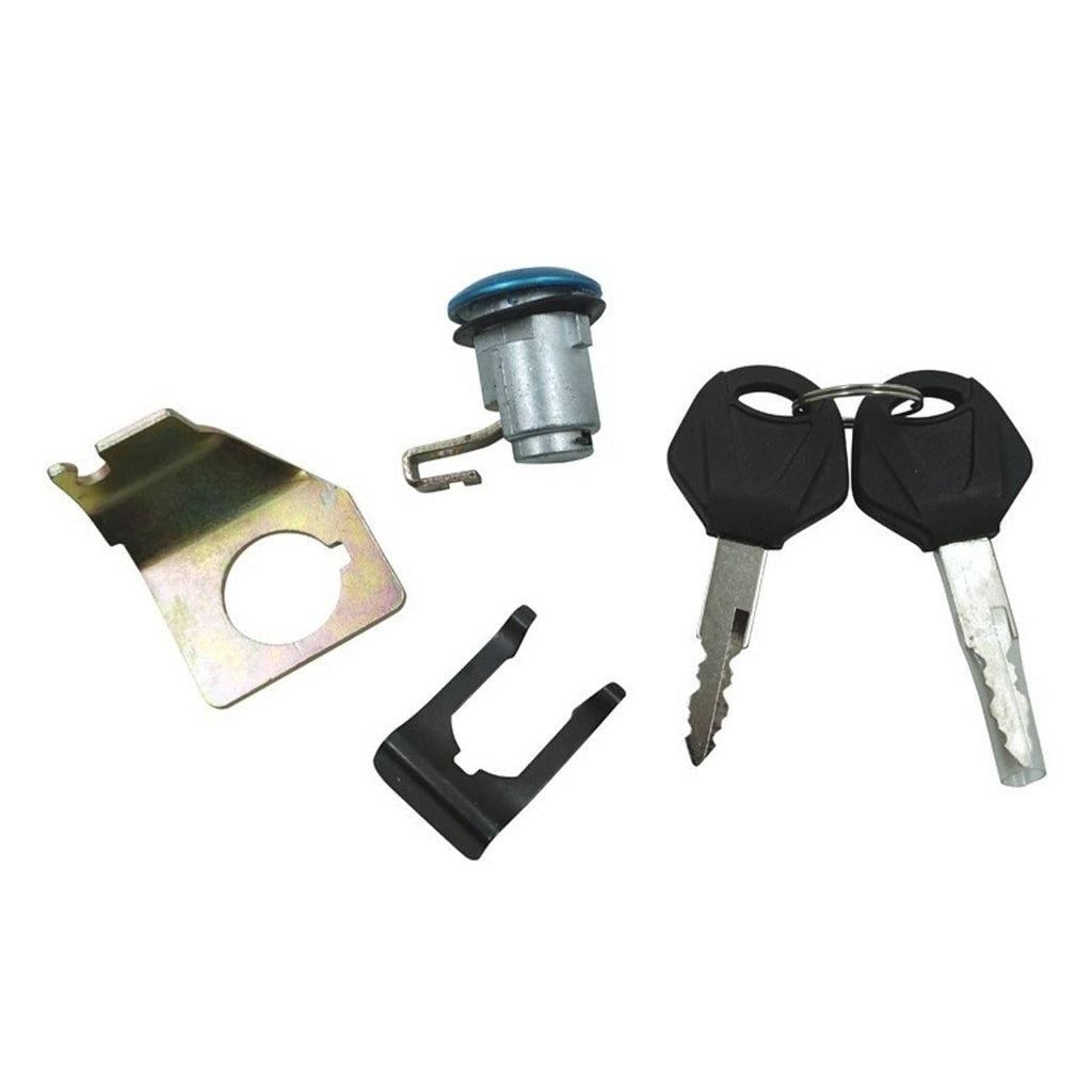 Fuel gas cap lock set with two keys, mounting bracket, and cylinder lock piece