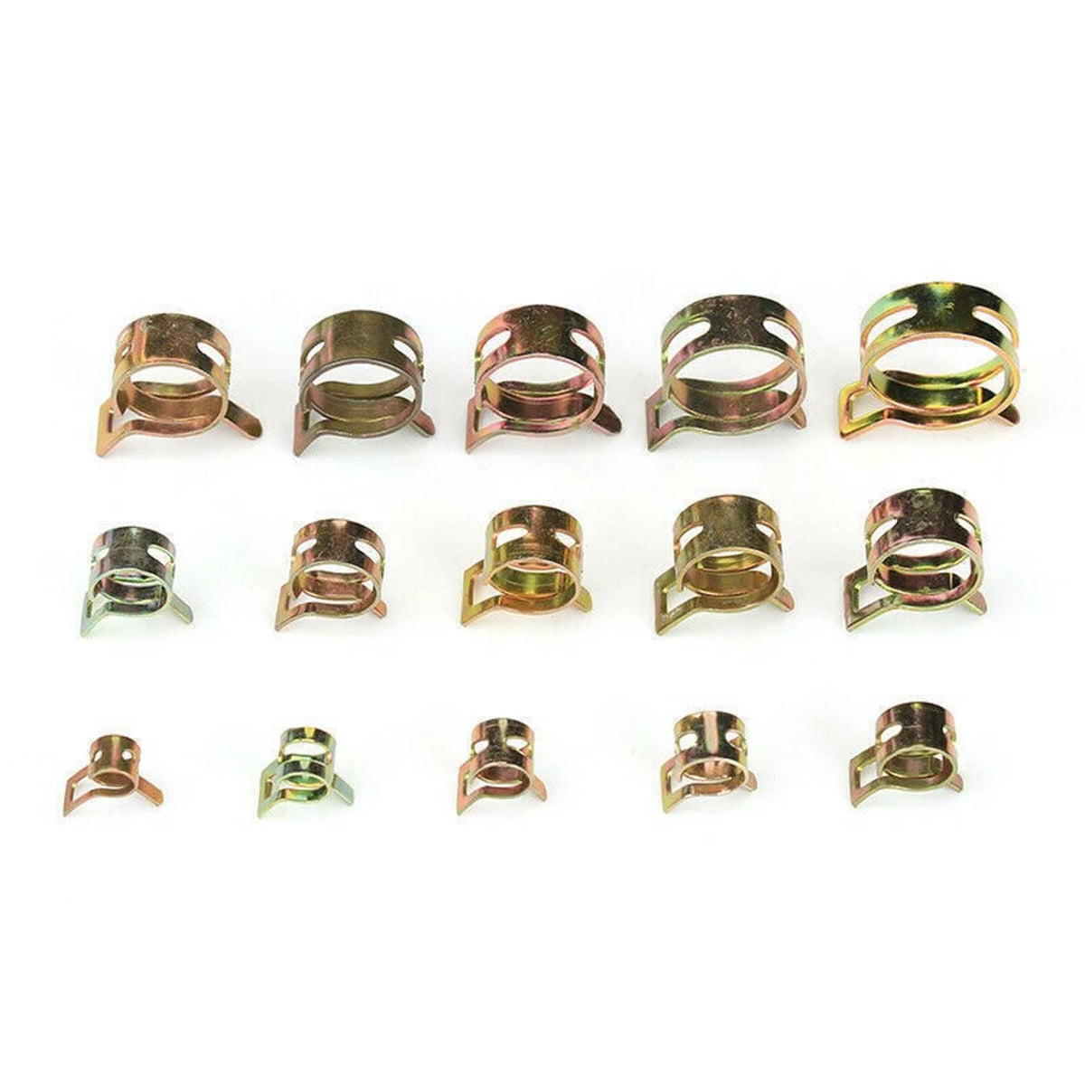 Assorted spring hose clamps in varied sizes, iridescent zinc-plated finish