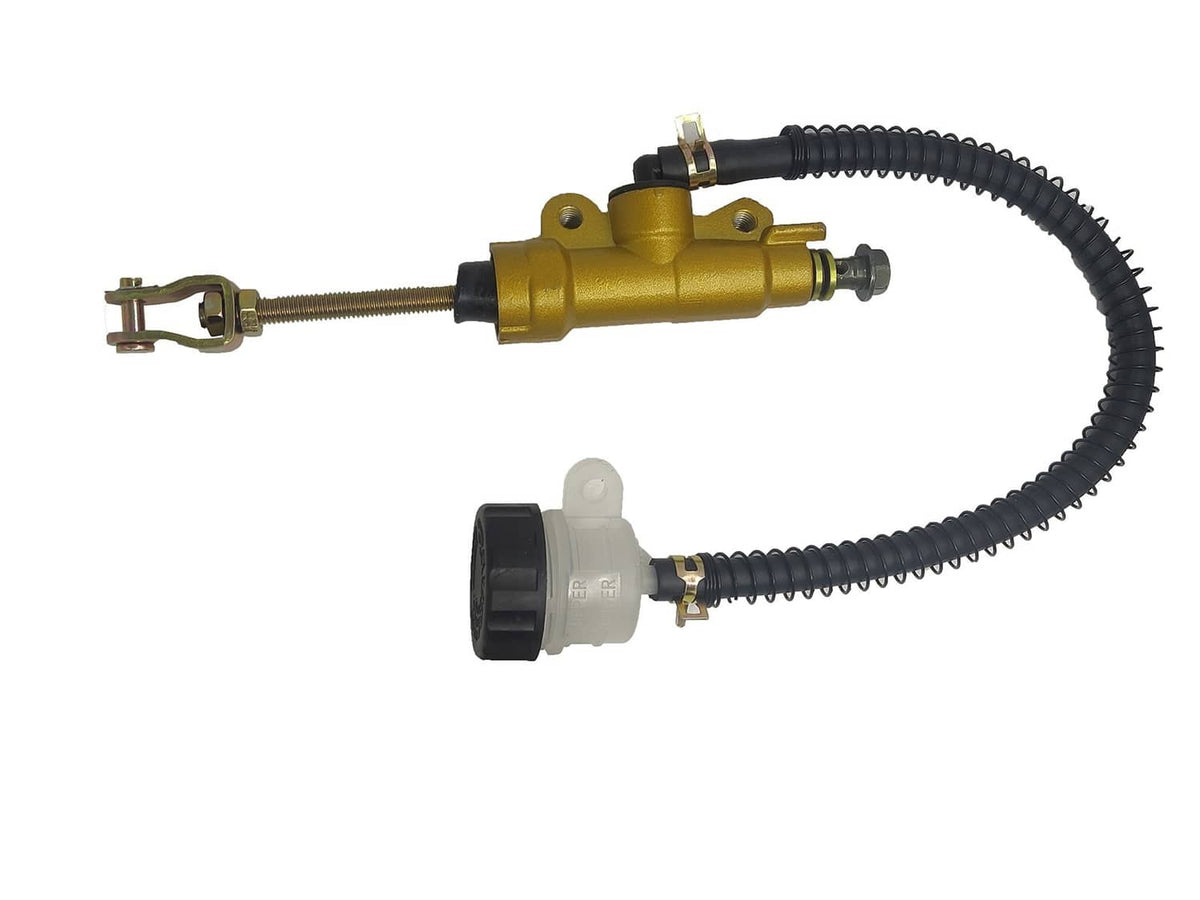 Rear brake master cylinder pump with black hose and fluid reservoir, gold housing