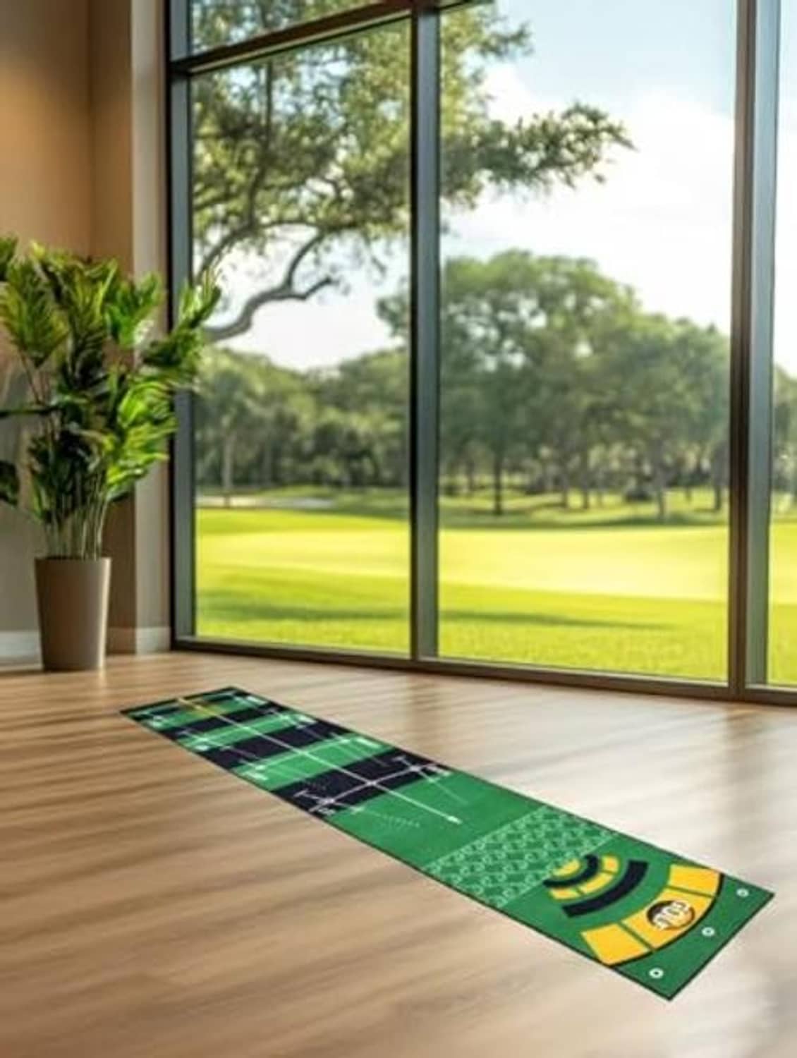Green putting practice mat with center aiming lines and target circles