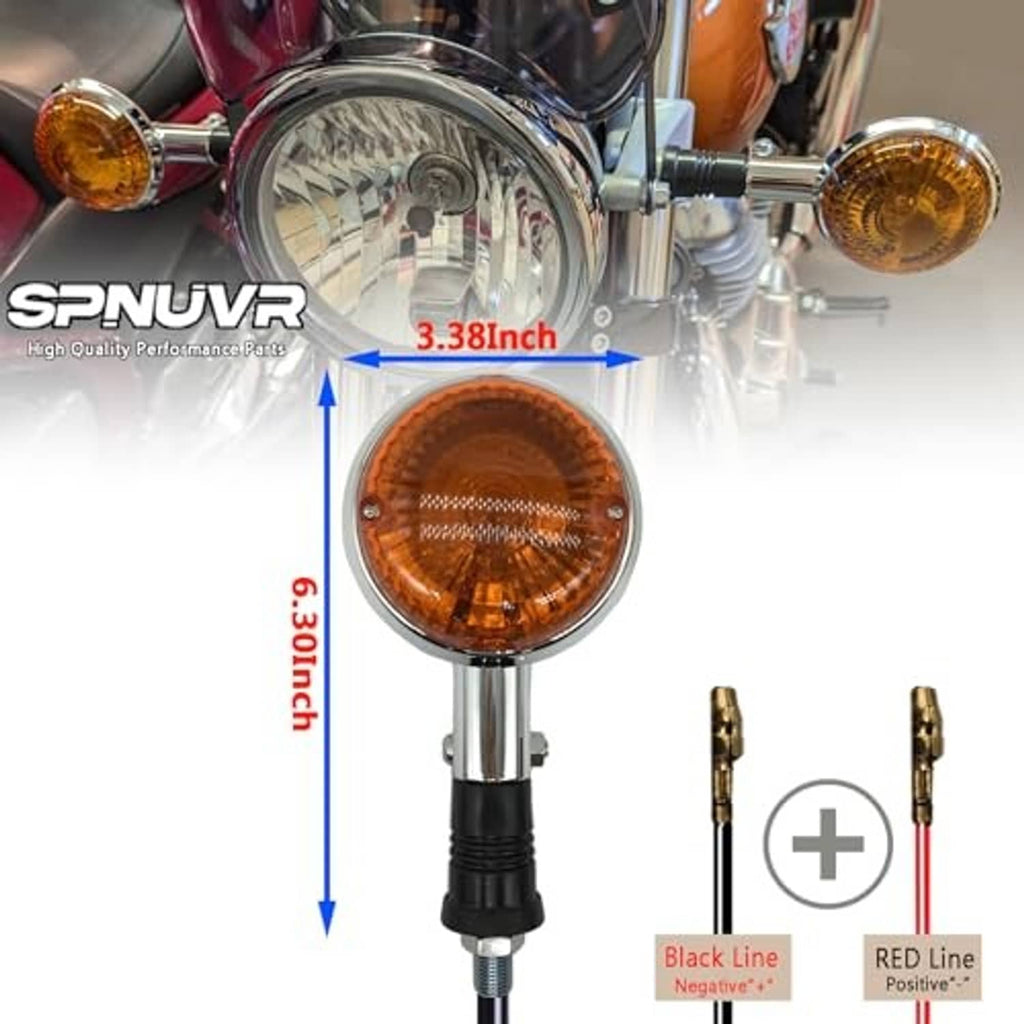 Amber round turn signal light with chrome mount, black base, and two-wire leads