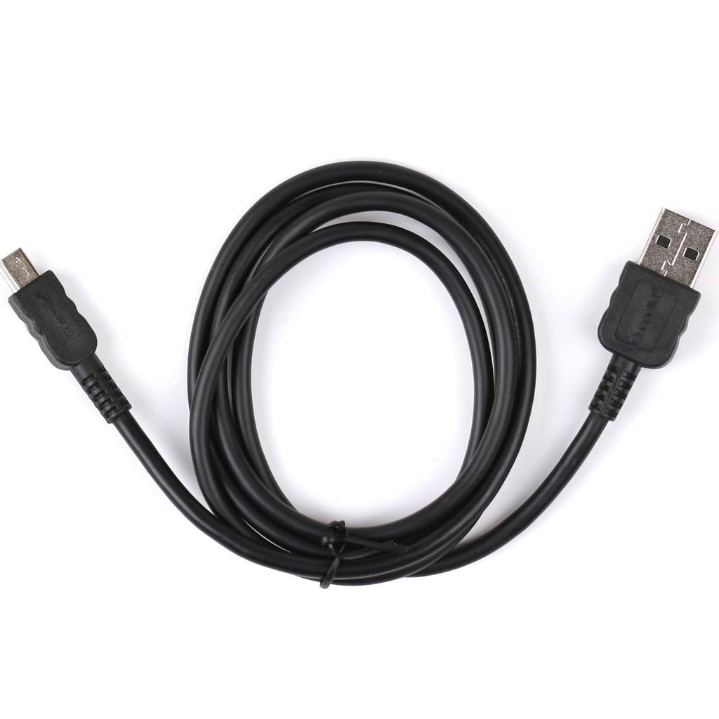 Coiled black USB cable with Type A and mini-B connectors, flexible cord.