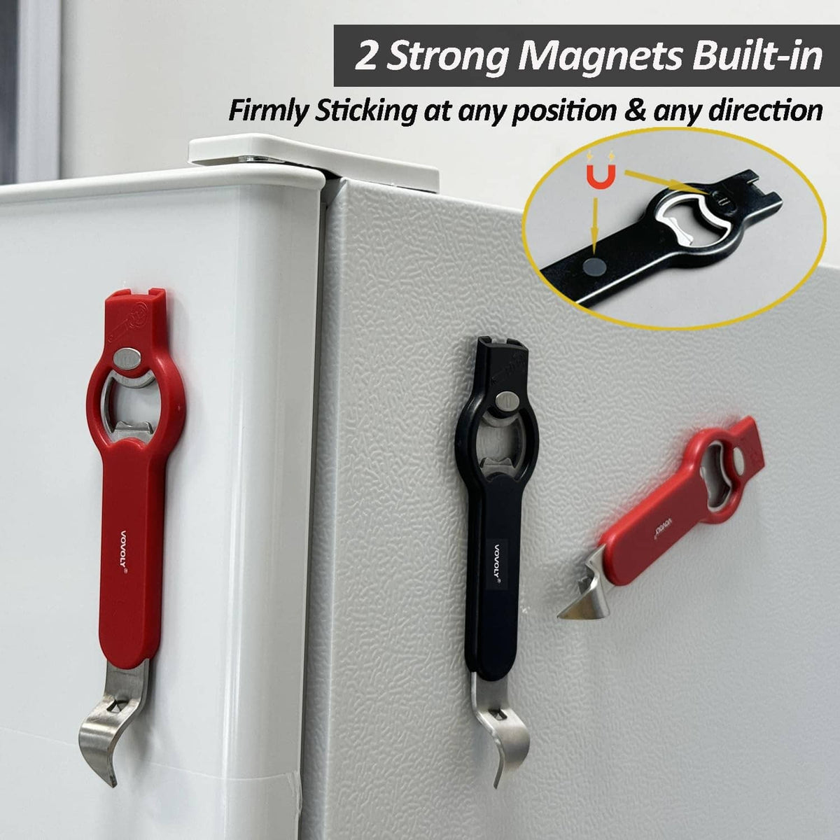 Red 3-in-1 magnetic bottle and can opener set with stainless tools