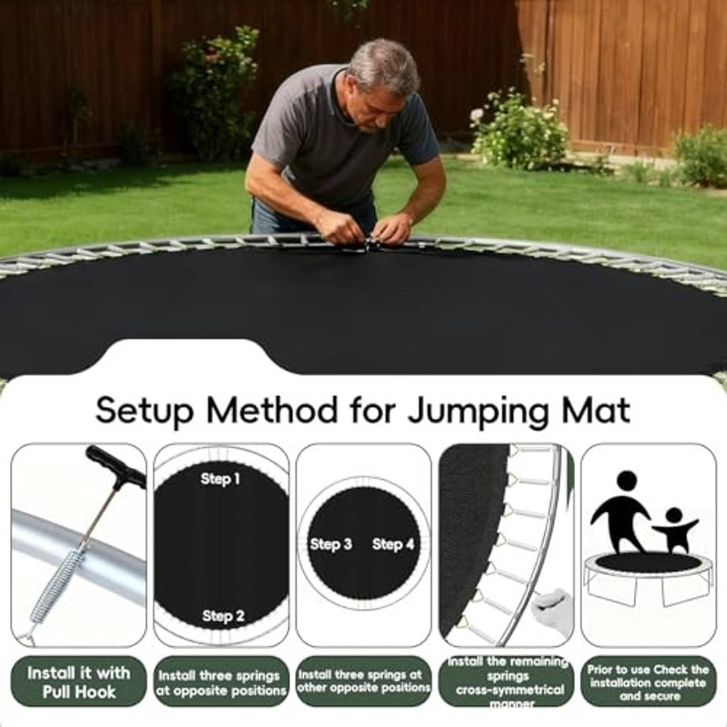 Black round trampoline jumping mat being installed, with spring ring attachment area