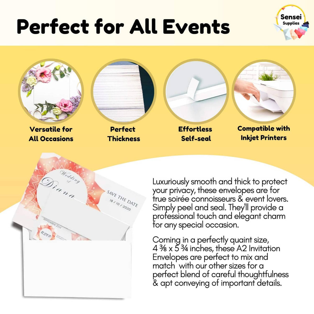 White A2 envelopes with sample invitation cards, matching set