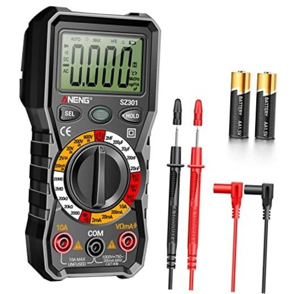 Black digital multimeter with LCD display, rotary dial, and red/black test probes