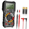 Black digital multimeter with LCD display, rotary dial, and red/black test probes