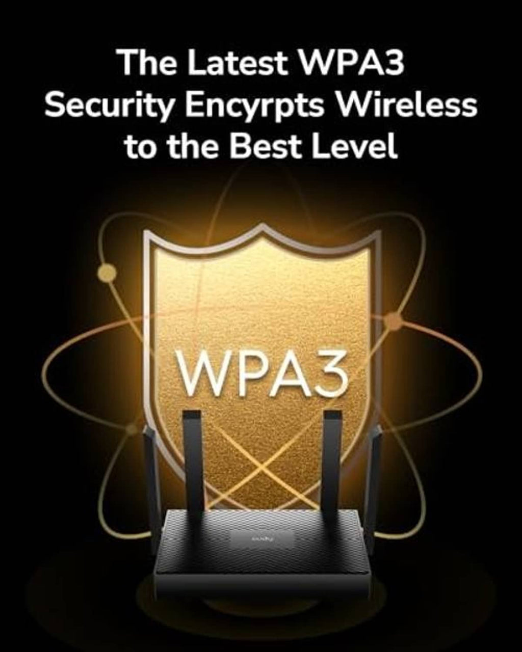 WPA3 security encryption marketing graphic with shield icon and router.