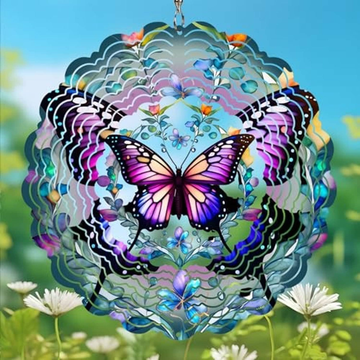 Butterfly wind spinner medallion with purple and pink wings and iridescent metal ring