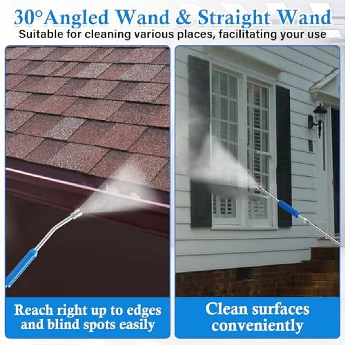 Angled stainless steel pressure washer wand with blue grip and spray nozzle tip