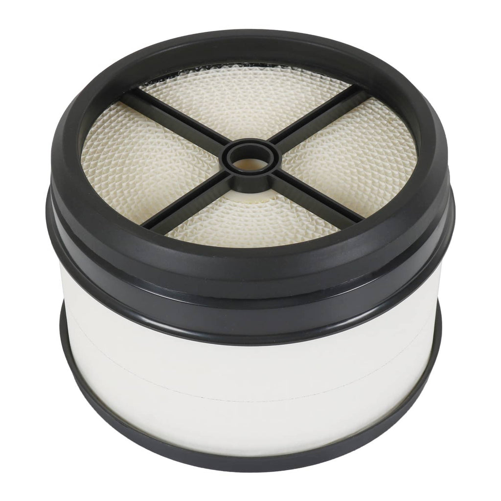 Engine air filter with black rim and white pleated media, circular top view