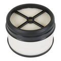 Engine air filter with black rim and white pleated media, circular top view