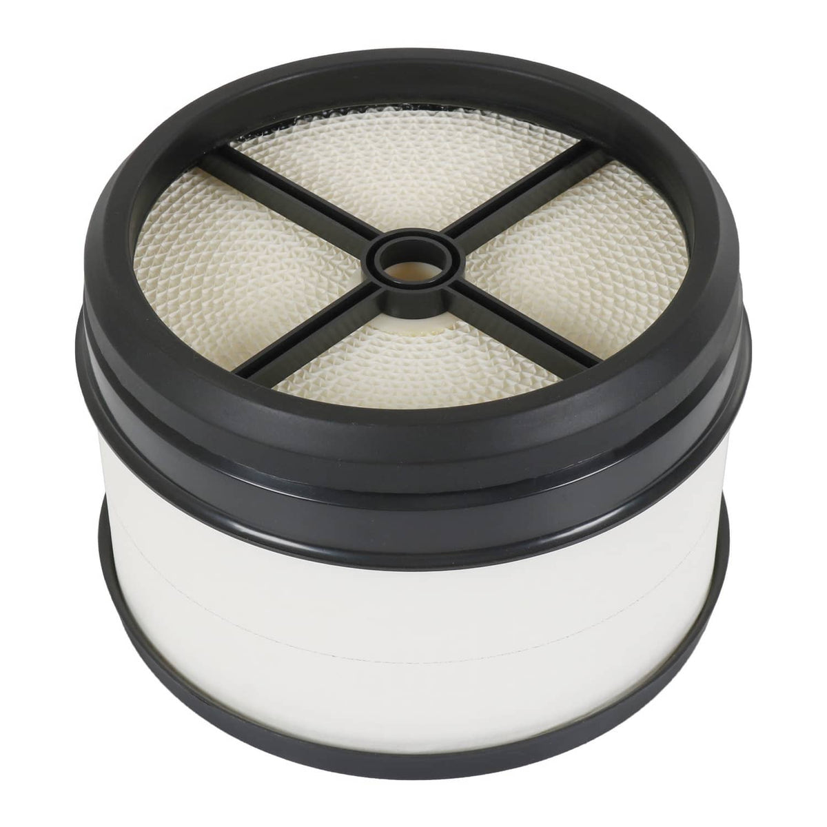 Engine air filter with black rim and white pleated media, circular top view