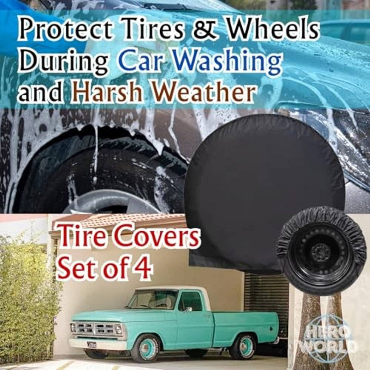 Black RV tire cover set with hooded design protecting wheels and tires