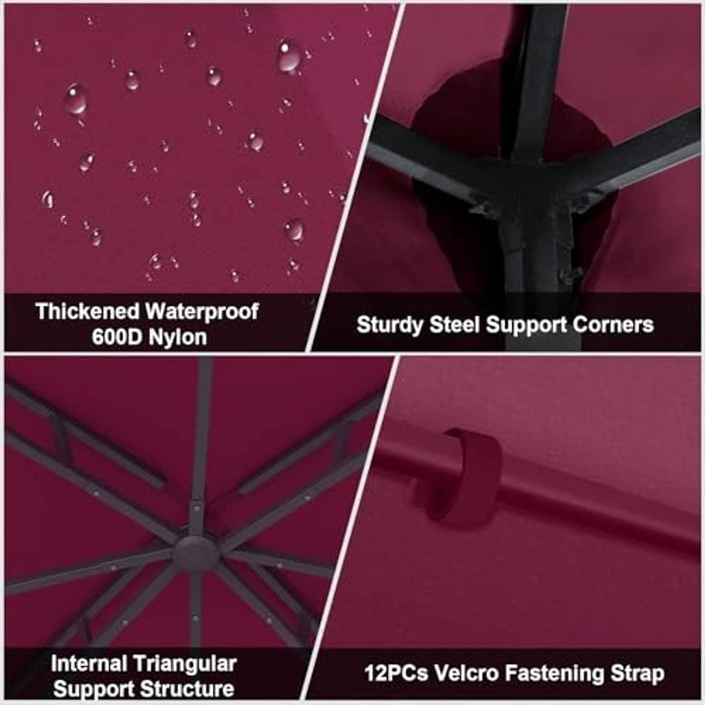 Burgundy gazebo canopy top cover detail: water-repellent fabric, steel support corners