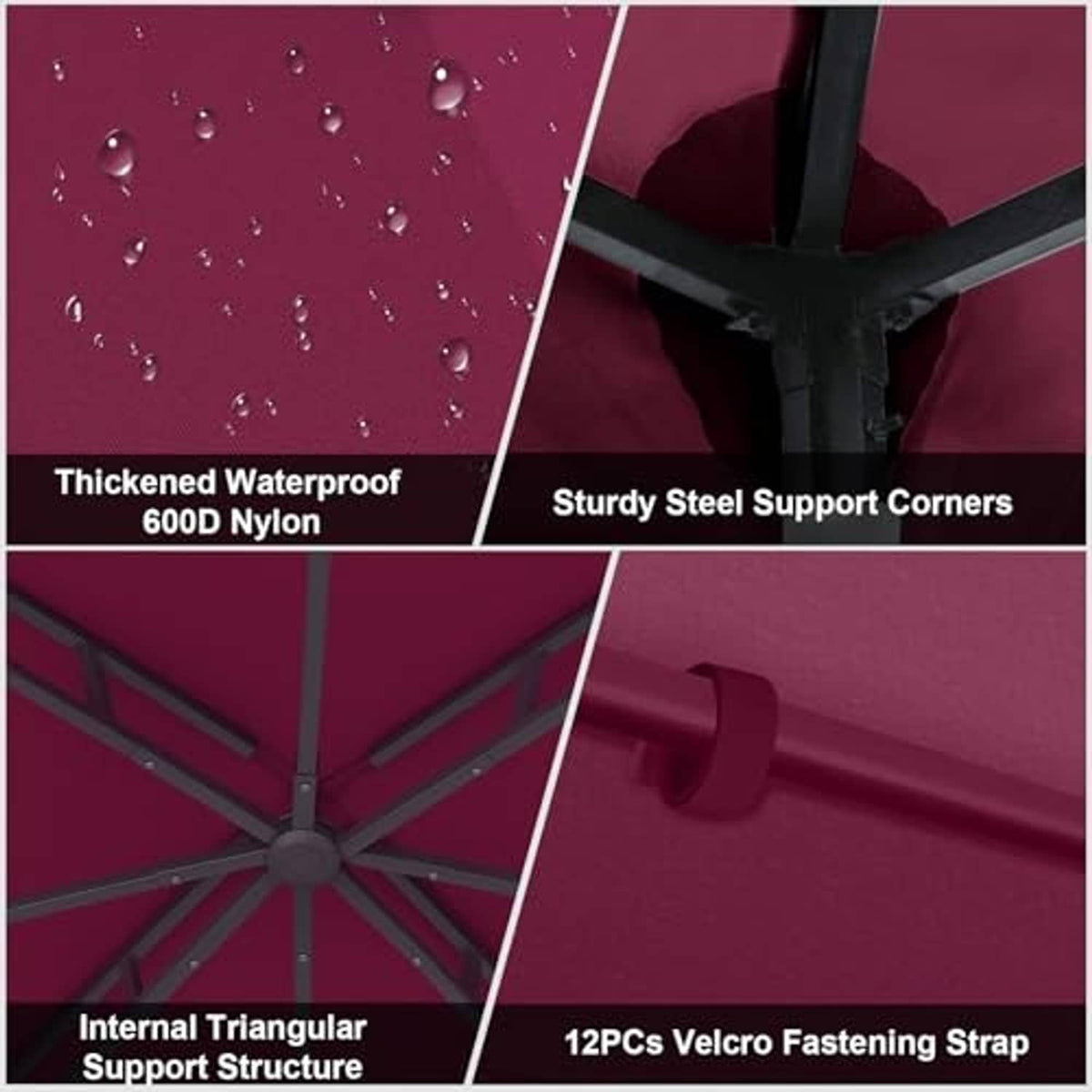 Burgundy gazebo canopy top cover detail: water-repellent fabric, steel support corners
