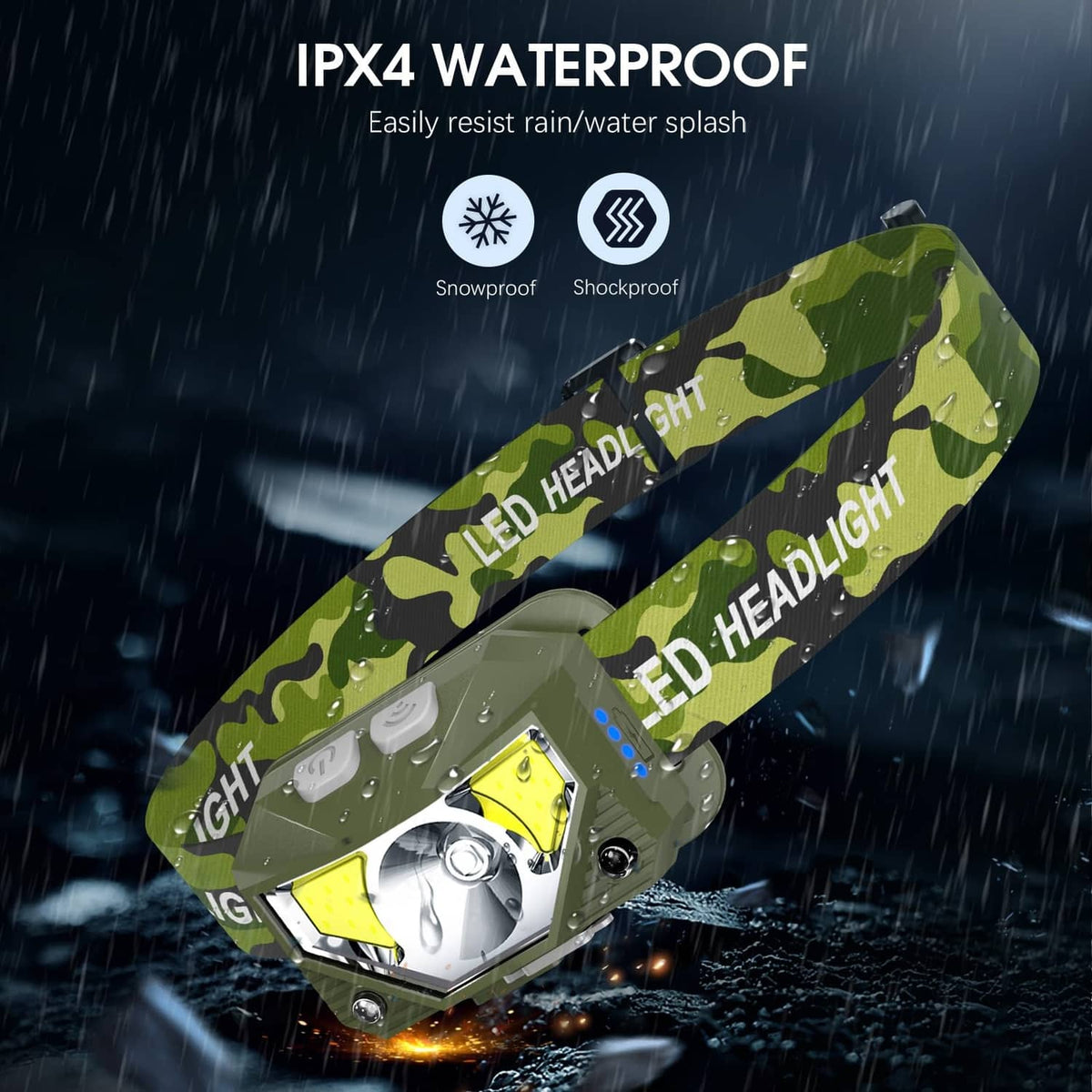 Green camouflage LED headlamp with IPX4 waterproof design and splash-resistant housing