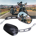Pair of black rearview mirrors with chrome mounting hardware and oval reflective glass