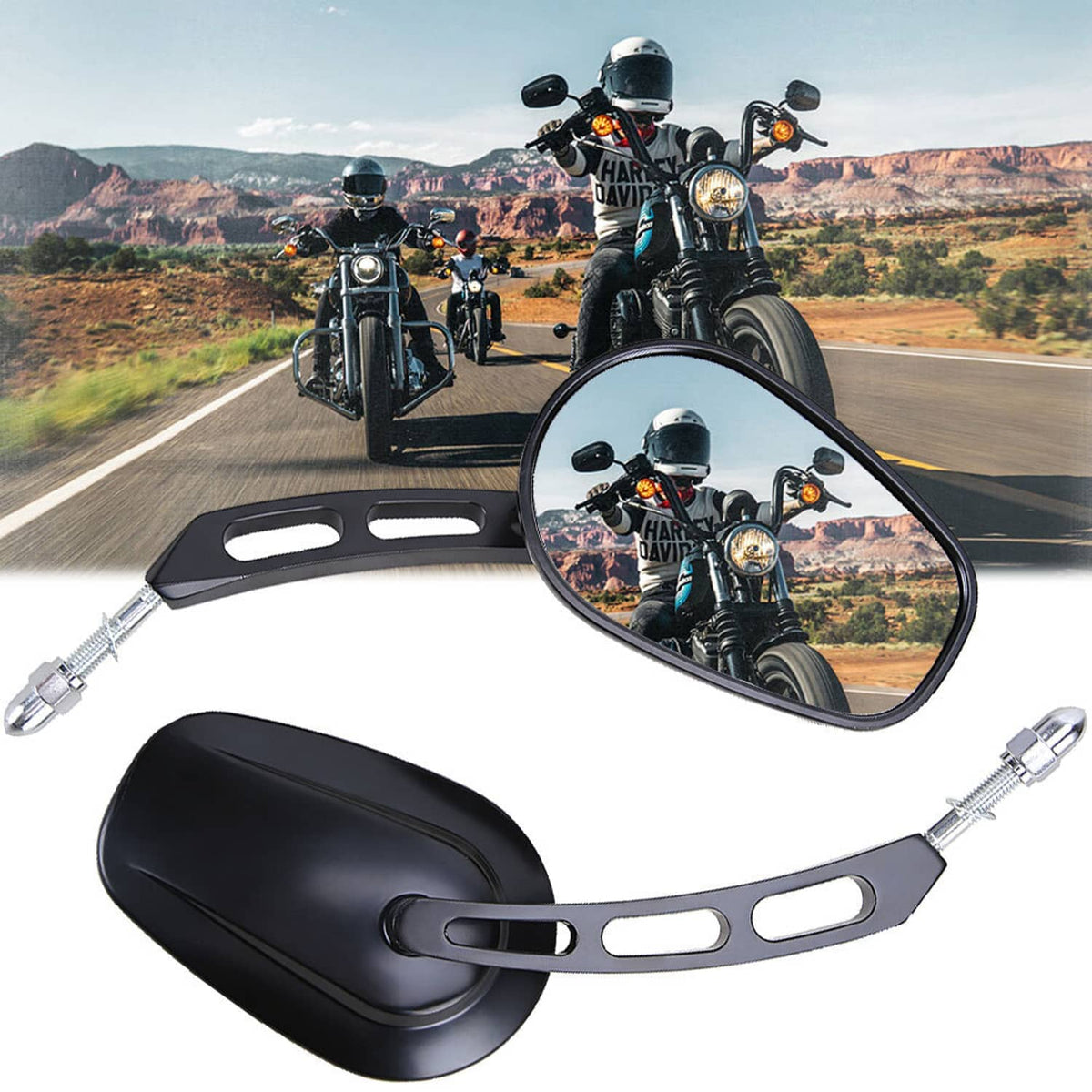 Pair of black rearview mirrors with chrome mounting hardware and oval reflective glass