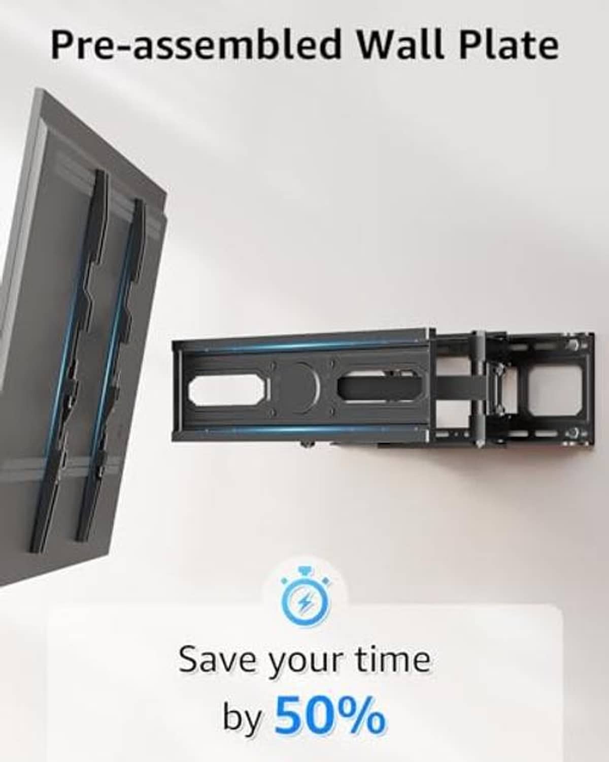 Pre-assembled wall plate and mounting arms for full-motion TV wall mount, black