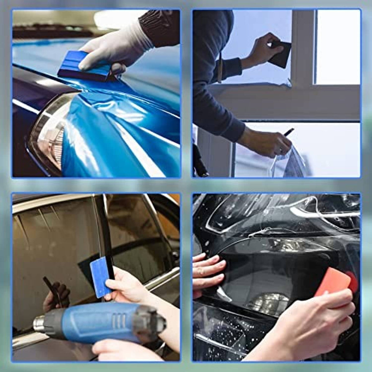 Felt edge squeegee tools applying window film, showing blue and red blades in use.
