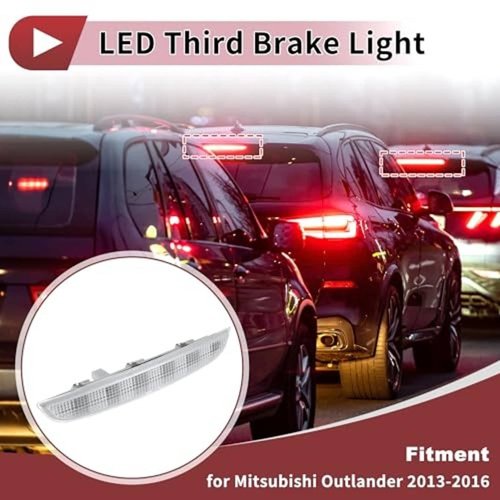 Red illuminated high mounted third brake light on SUV rear, with inset