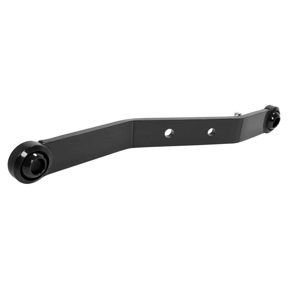 Angled view of black 3-point hitch lift arm with two pivot ends and mounting holes