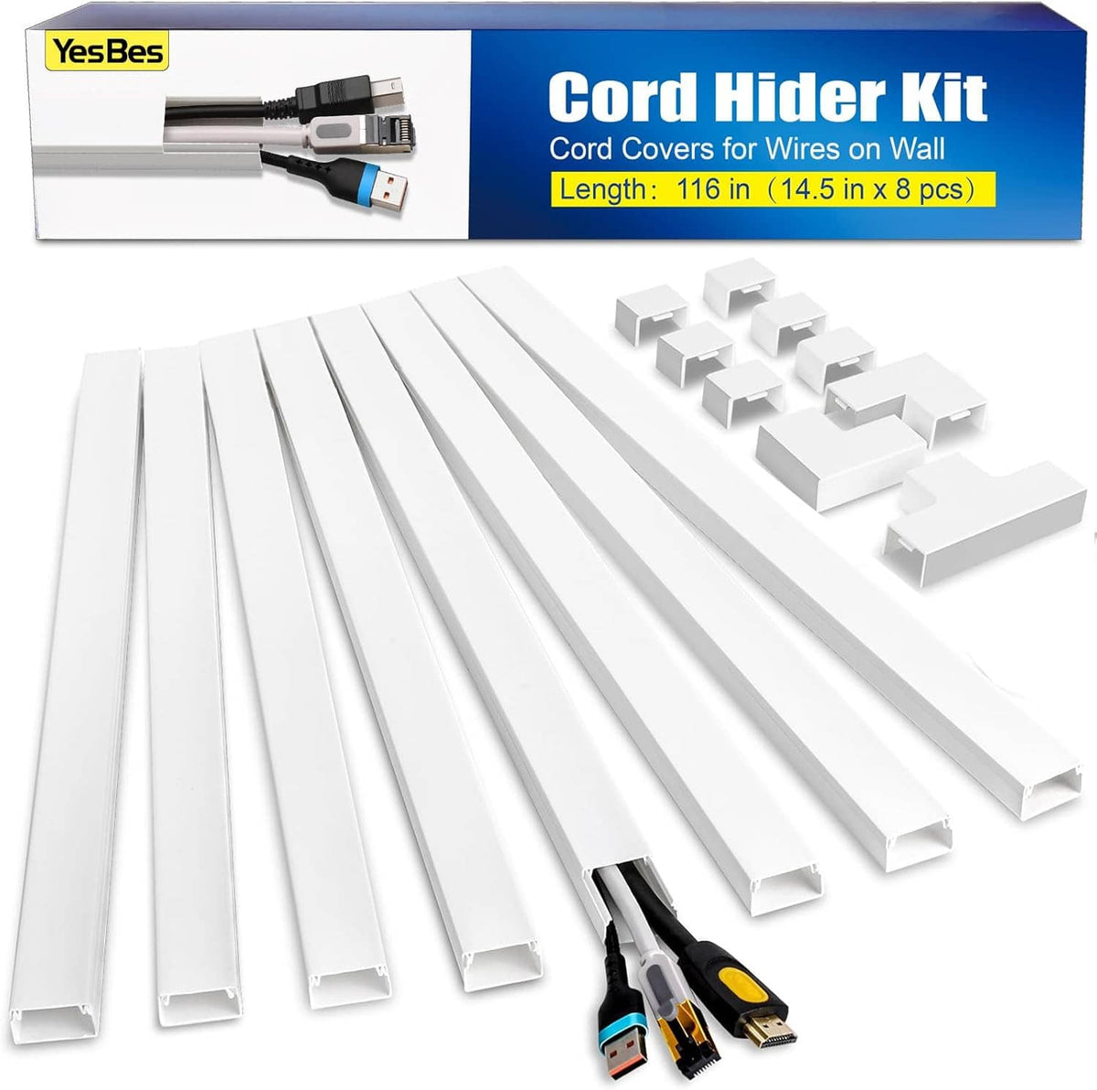 White cord hider kit with cable raceway channels, fittings, and mounting accessories