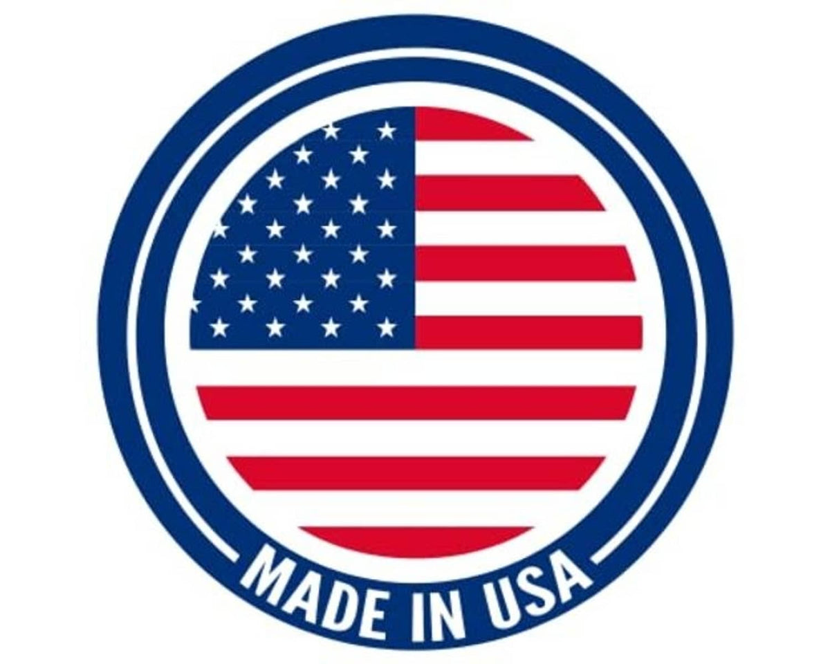 Made in USA circular sticker with US flag and blue border